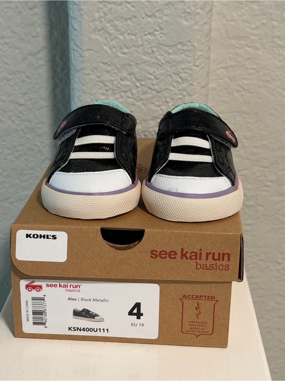 See Kai Run Kids Alex Sneaker - Black Metallic with Mint and Pink Accents